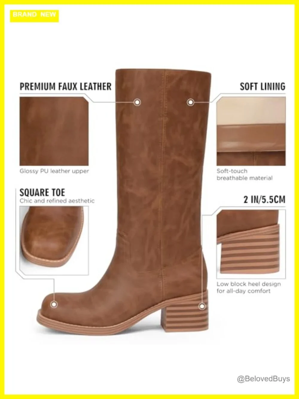 Mid Calf Boots Chunky Block Low Heel Square Toe Faux Leather